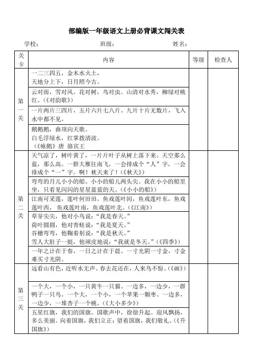 部编版一年级语文上册必背课文闯关表