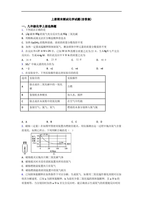 初三化学上册期末测试化学试题(含答案)