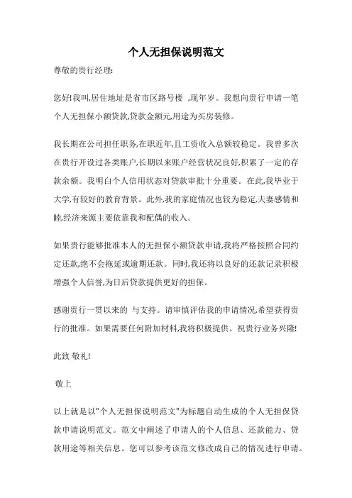 个人无担保说明范文
