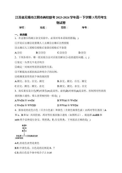 江苏省无锡市江阴市两校联考2023-2024学年高一下学期3月月考生物试卷(含答案)
