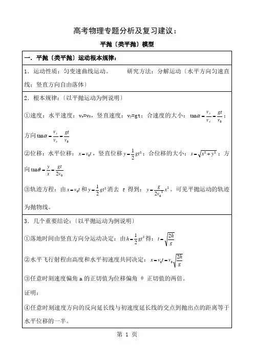 高考物理专题分析及复习建议：平抛(类平抛)模型1