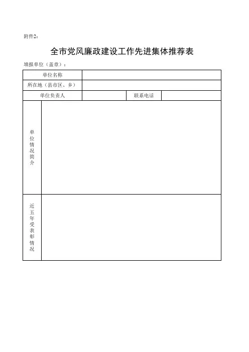 党风廉政建设工作先进集体推荐申报表