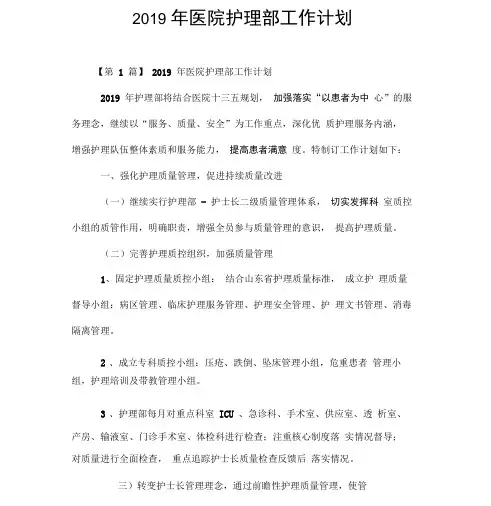 2019年医院护理部工作计划