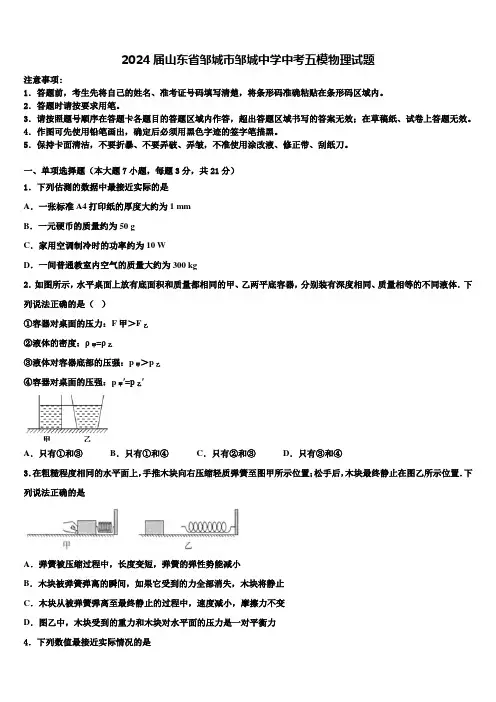 2024届山东省邹城市邹城中学中考五模物理试题含解析