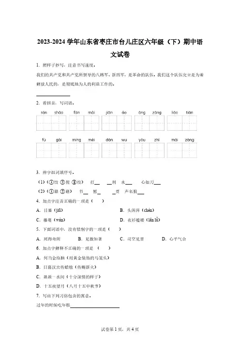 2023-2024学年山东省枣庄市台儿庄区部编版六年级下册期中考试语文试卷【含答案】
