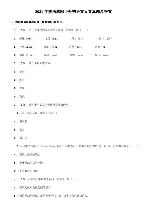 陕西咸阳小升初语文A卷真题附答案