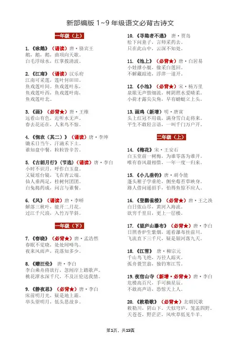 2019最新部编版1~9年级语文必背古诗文141篇全文