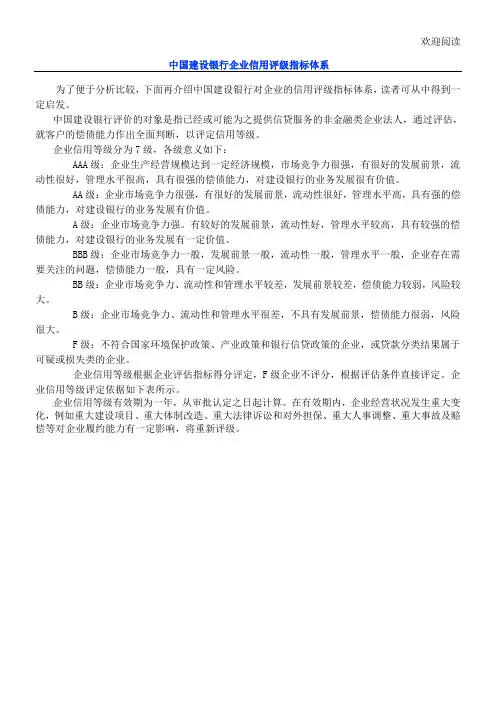 中国建设银行企业信用评级指标体系