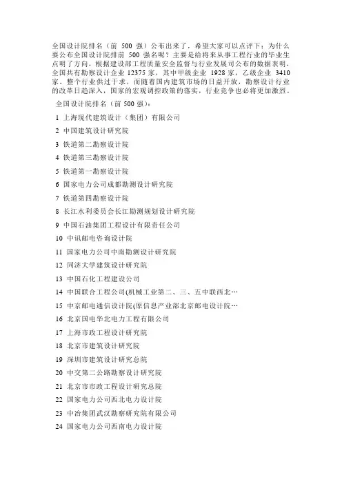国内设计院排名前500强