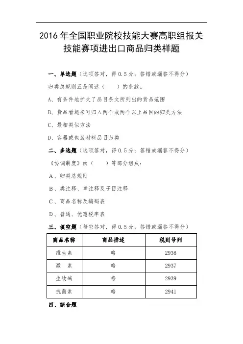 2016高职 报关技能 商品归类试题(赛项赛卷)
