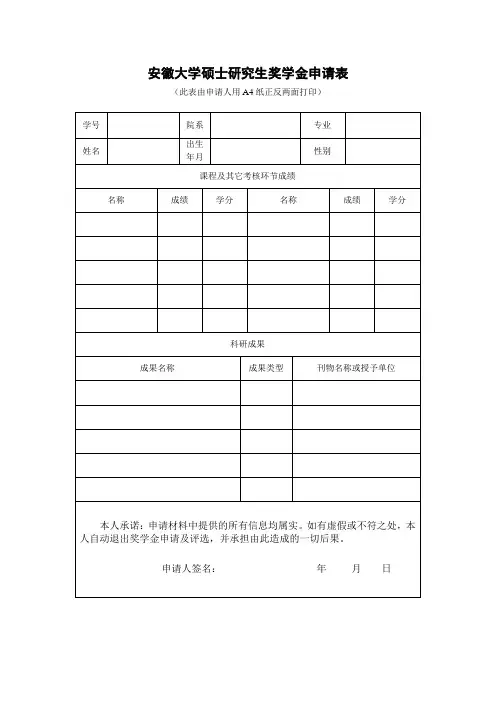 安徽大学硕士研究生奖学金申请表模板