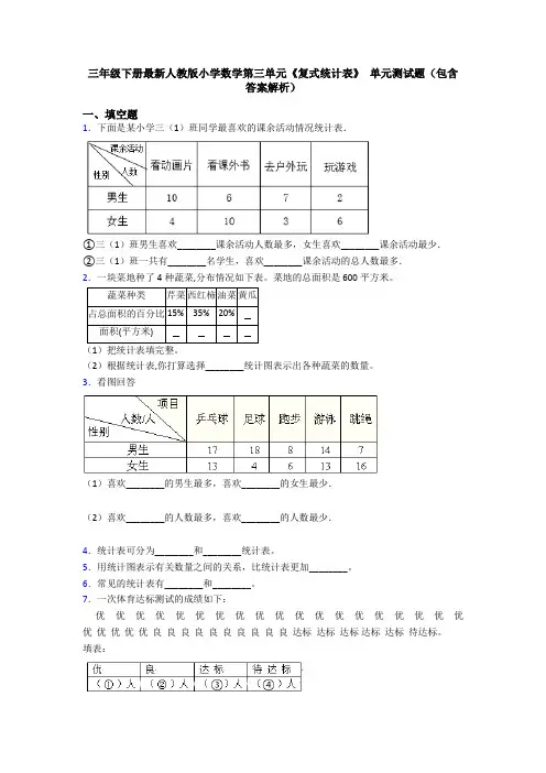 三年级下册最新人教版小学数学第三单元《复式统计表》 单元测试题(包含答案解析)