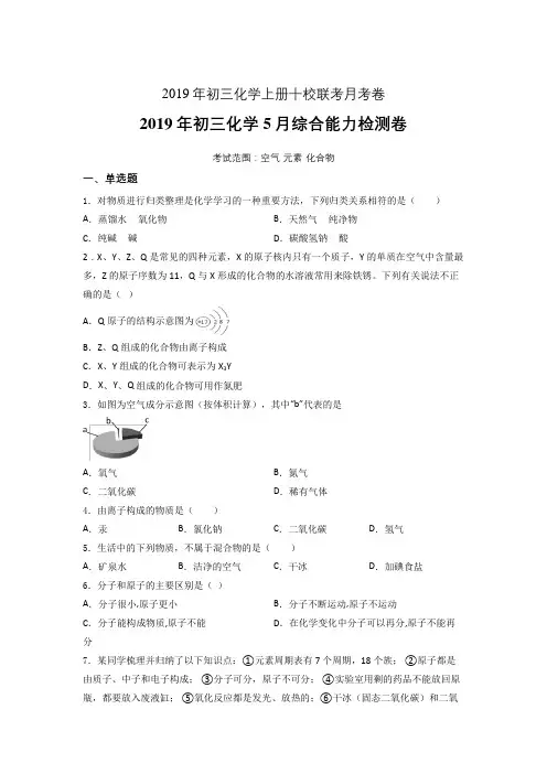 2019年初三化学月考卷(四川)