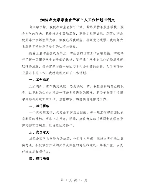 2024年大学学生会干事个人工作计划书例文（6篇）