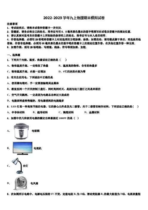 2023届安徽省阜阳市名校物理九年级第一学期期末教学质量检测试题含解析