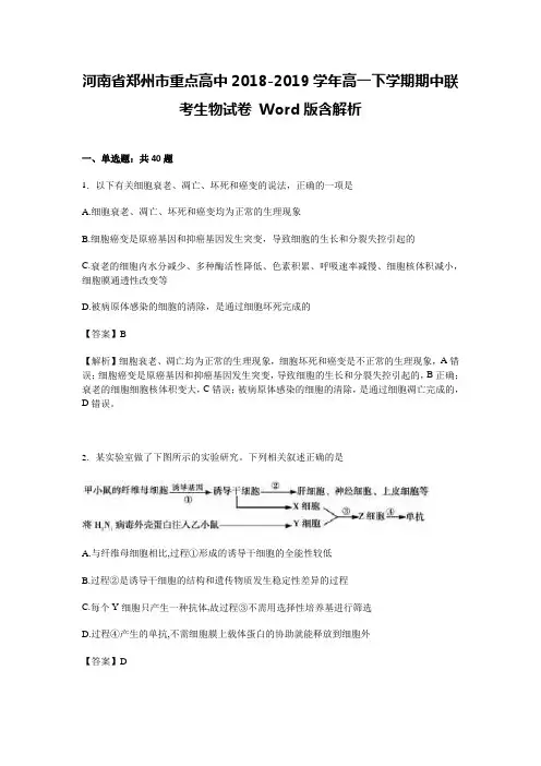 河南省郑州市重点高中2018-2019学年高一下学期期中联考生物试卷 Word版含解析