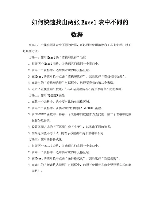 如何快速找出两张Excel表中不同的数据