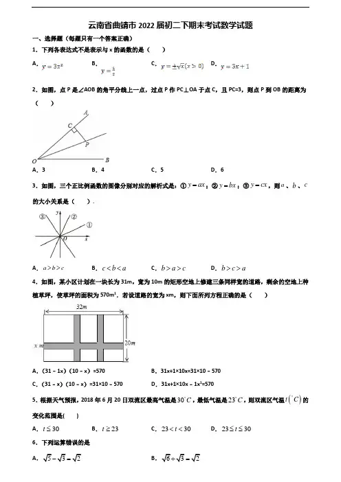 云南省曲靖市2022届初二下期末考试数学试题含解析