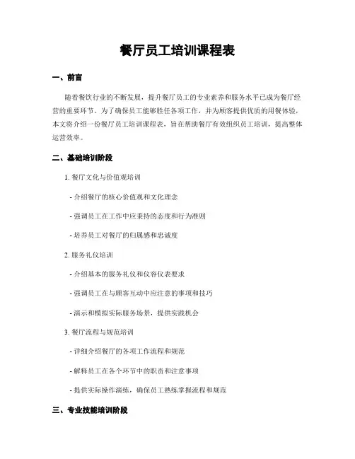 餐厅员工培训课程表