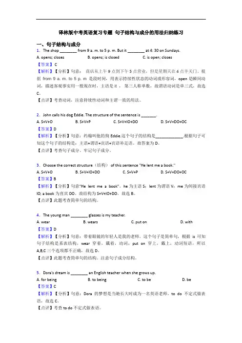 译林版中考英语复习专题 句子结构与成分的用法归纳练习