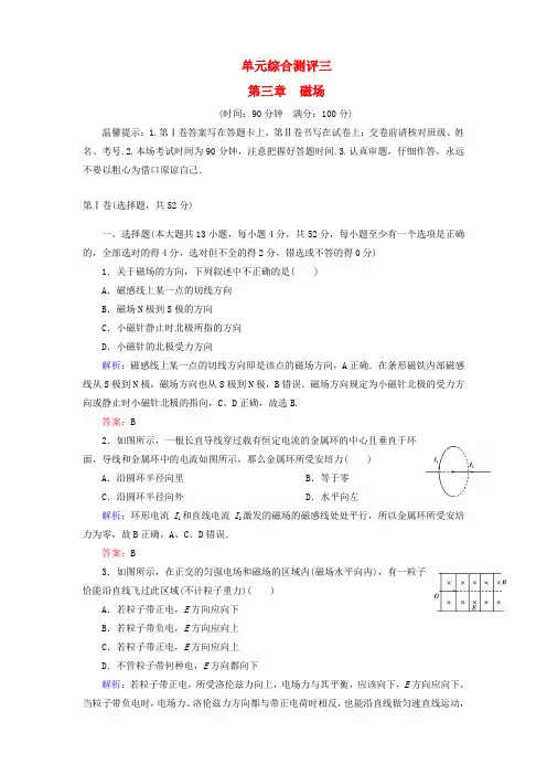 【名师同步导学】高中物理 第三章 磁场单元综合测评 新人教版选修3-1