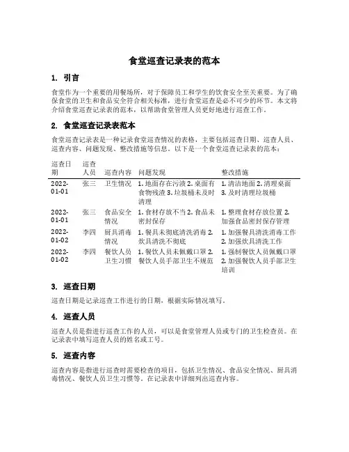食堂巡查记录表的范本