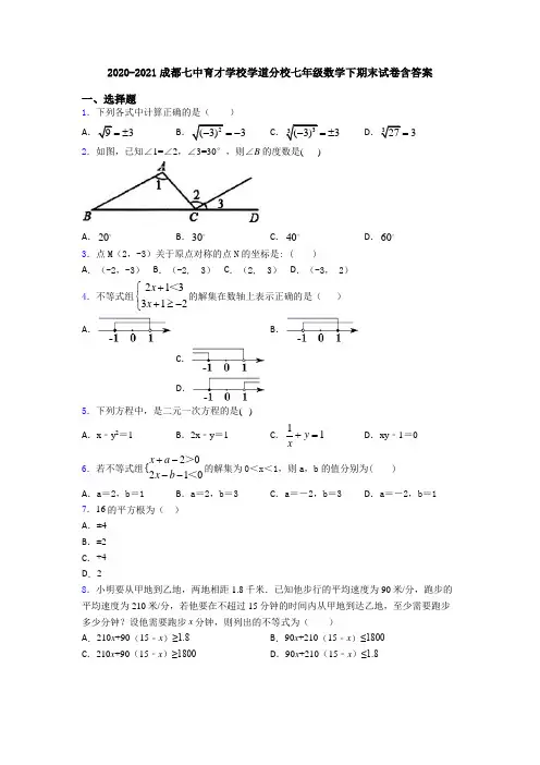 2020-2021成都七中育才学校学道分校七年级数学下期末试卷含答案