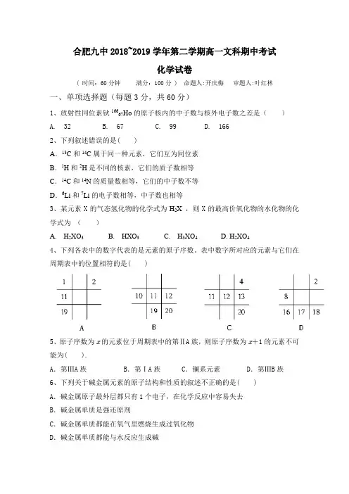 安徽省合肥市第九中学2018-2019高一下学期期中考试化学(文)试卷