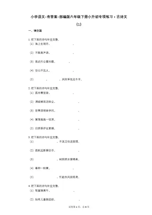小学语文-有答案-部编版六年级下册小升初专项练习：古诗文(1)