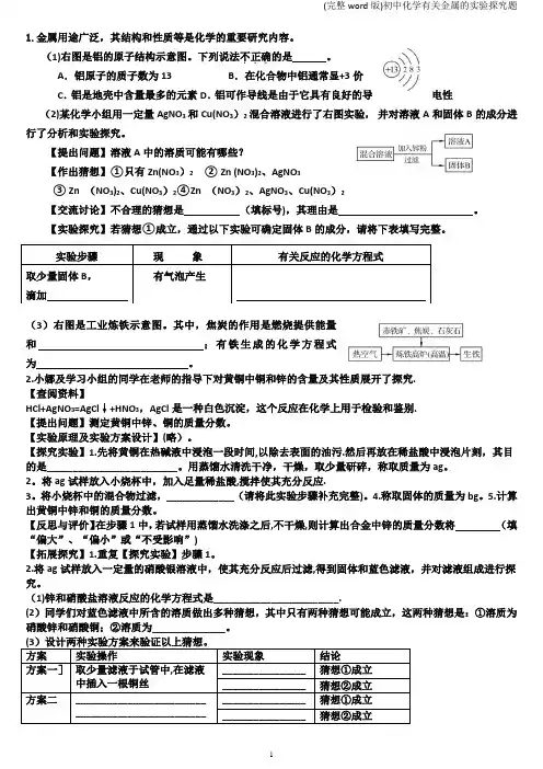 (完整word版)初中化学有关金属的实验探究题