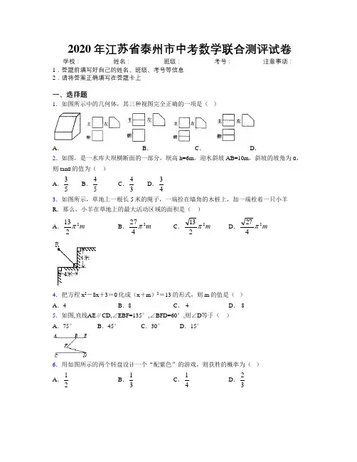 2020年江苏省泰州市中考数学联合测评试卷附解析