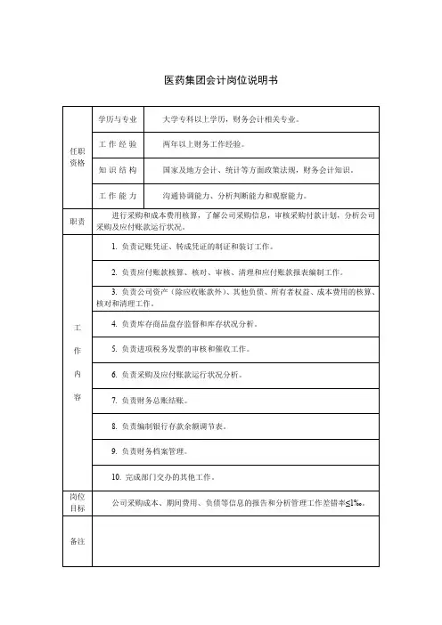 医药集团会计岗位说明书