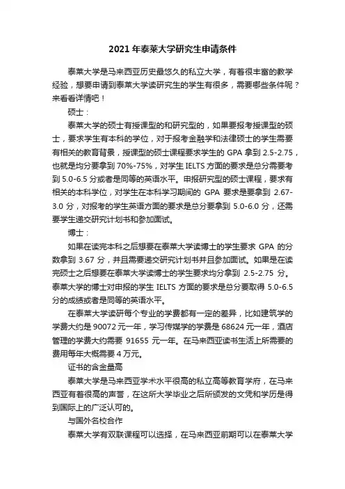 2021年泰莱大学研究生申请条件