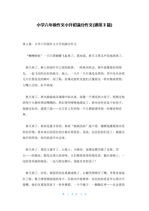 小学六年级作文小升初满分作文(通用3篇)