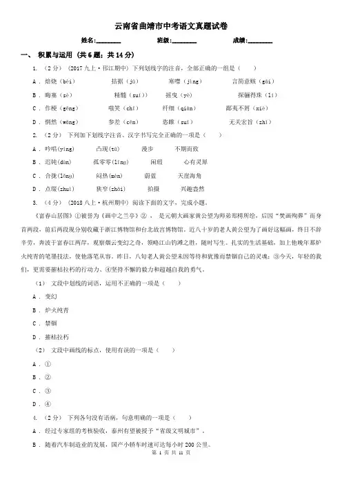 云南省曲靖市中考语文真题试卷