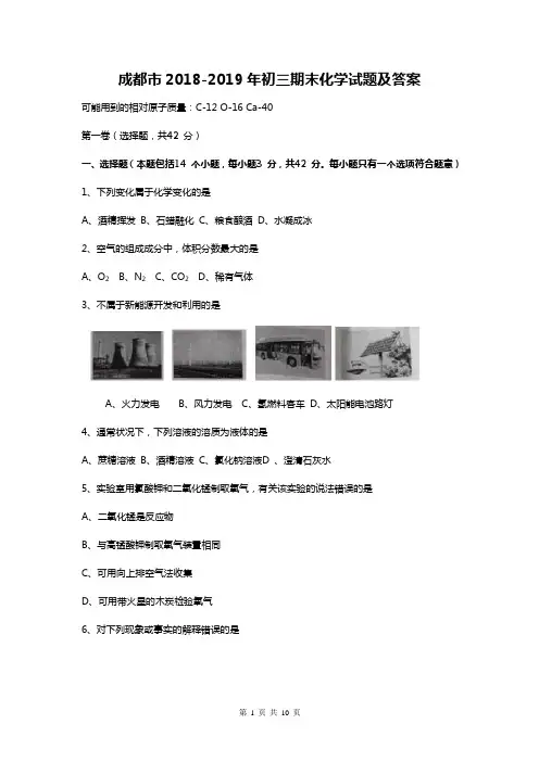 成都市2018-2019年初三期末化学试题及答案