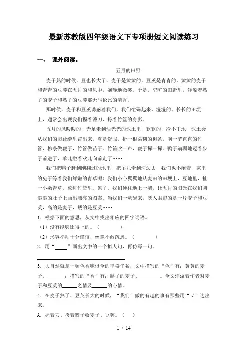 最新苏教版四年级语文下专项册短文阅读练习