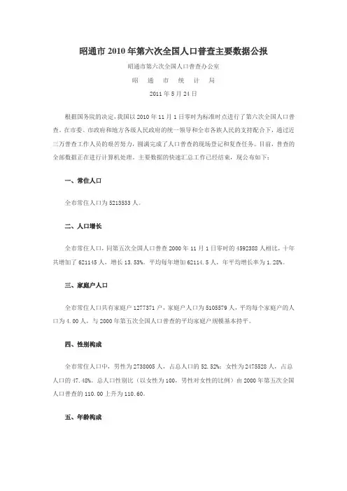 2505-云南省昭通市2010年第六次全国人口普查主要数据公报