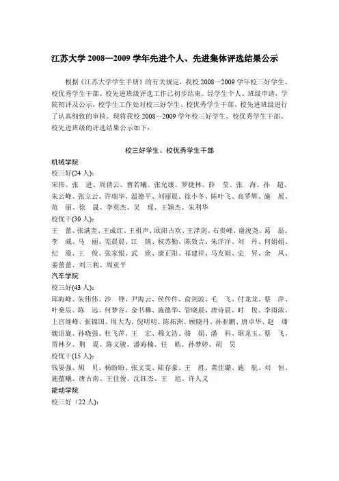 江苏大学2008—2009学年先进个人、先进集体评选结果公示