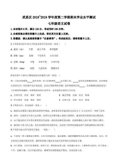 湖北省武汉市武昌区2018-2019学年七年级下学期期末语文试题(原卷版)