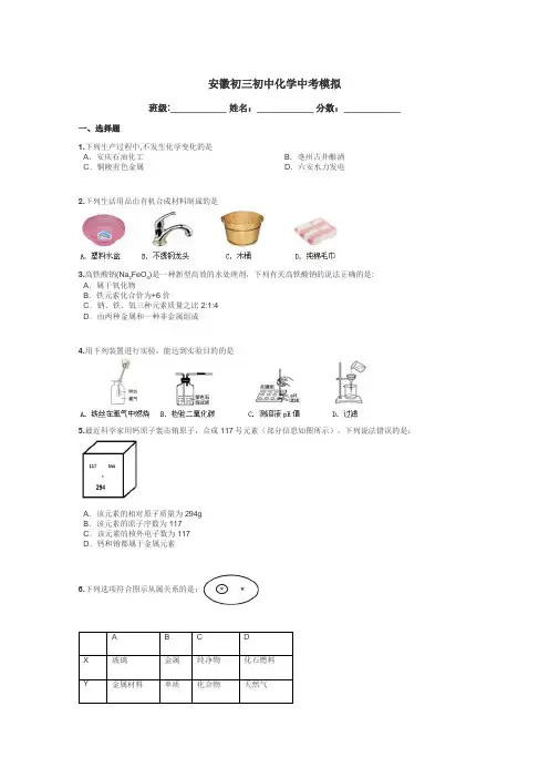 安徽初三初中化学中考模拟带答案解析
