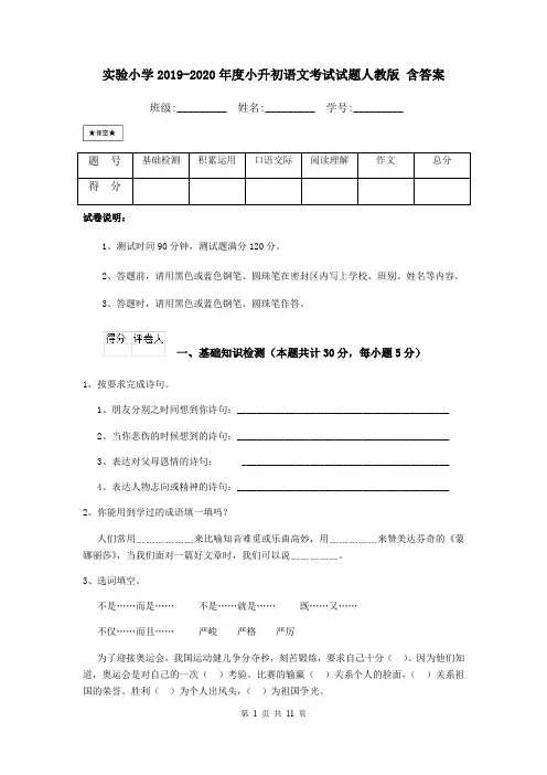 实验小学2019-2020年度小升初语文考试试题人教版 含答案