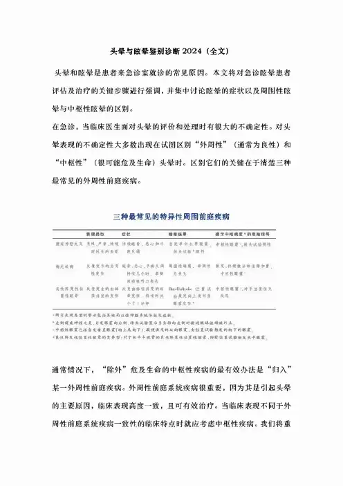 头晕与眩晕鉴别诊断2024(全文)