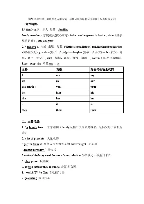 Unit 1词性转换和词组整理及配套默写2021-2022学年牛津上海版英语六年级上学期