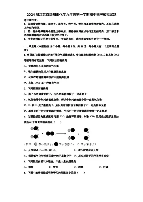 2024届江苏省常州市化学九年级第一学期期中统考模拟试题含解析