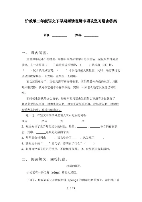 沪教版二年级语文下学期阅读理解专项攻坚习题含答案