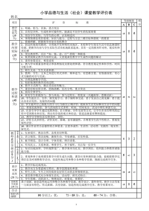 小学品德课堂教学评价表