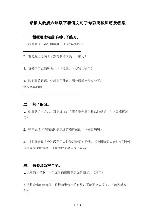 部编人教版六年级下册语文句子专项突破训练及答案
