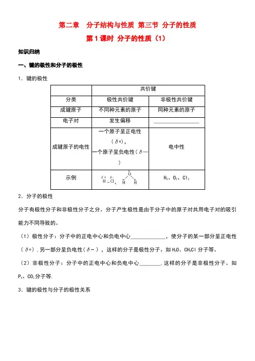 高中化学第二章分子结构与性质2.3分子的性质(第1课时)分子的性质(1)新人教版选修3