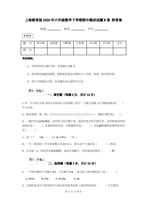 上海教育版2020年六年级数学下学期期中测试试题B卷 附答案